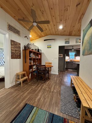 Dining room, Interior, Recessed Lighting, Wooden Ceilings, Wood Texture Flooring
