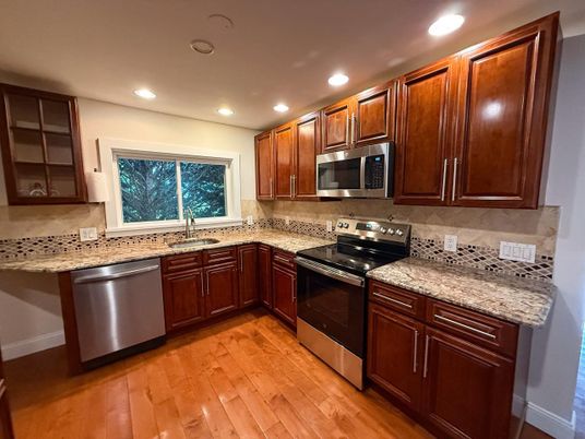 Interior, Kitchen, Recessed Lighting, Stainless Steel Appliances, Wood Texture Flooring