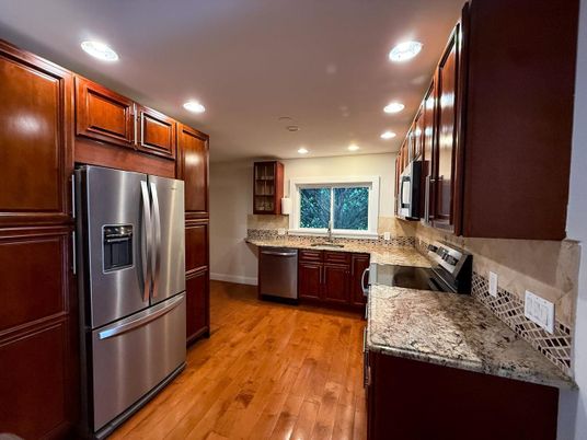 Interior, Kitchen, Recessed Lighting, Stainless Steel Appliances, Wood Texture Flooring