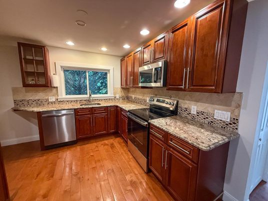 Interior, Kitchen, Recessed Lighting, Stainless Steel Appliances, Wood Texture Flooring