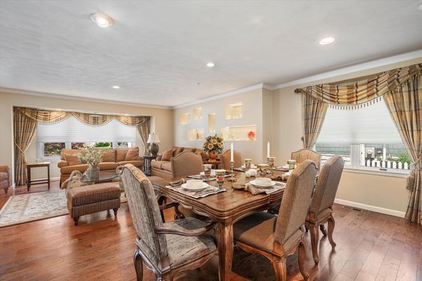 Dining room, Interior, Living room, Recessed Lighting, Wood Texture Flooring