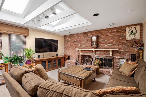 Fireplace, Interior, Living room, Recessed Lighting, Stone Walls