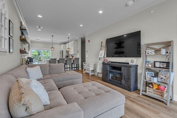 Fireplace, Interior, Kitchen, Living room, Pendant Lights, Recessed Lighting, Wood Texture Flooring