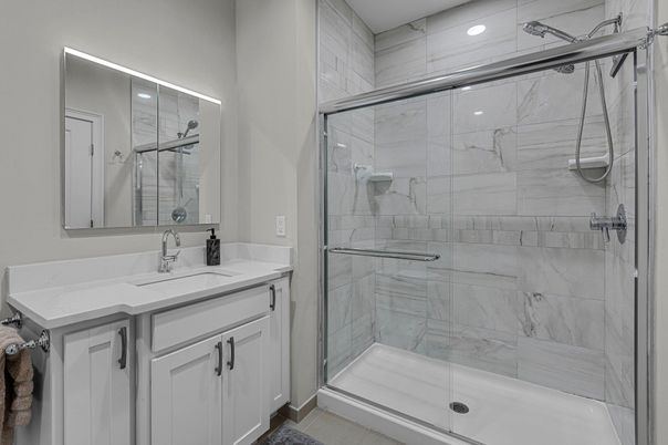 Bathroom, Glass Shower, Interior, Marble Walls, Recessed Lighting