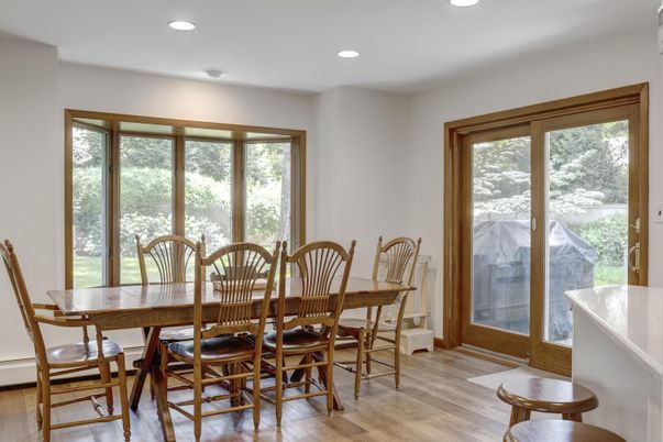 Dining room, Interior, Recessed Lighting, Wood Texture Flooring