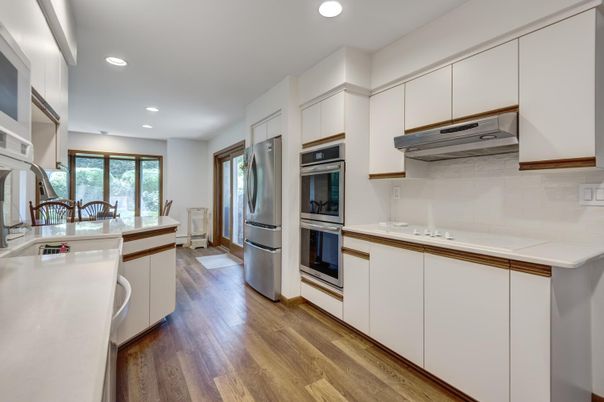Interior, Kitchen, Recessed Lighting, Stainless Steel Appliances, Wood Texture Flooring