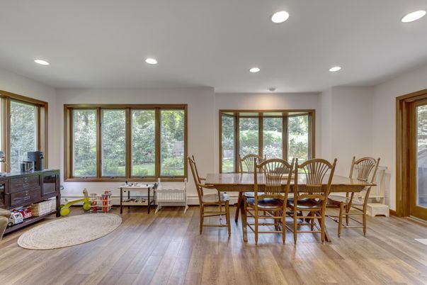 Dining room, Interior, Recessed Lighting, Wood Texture Flooring