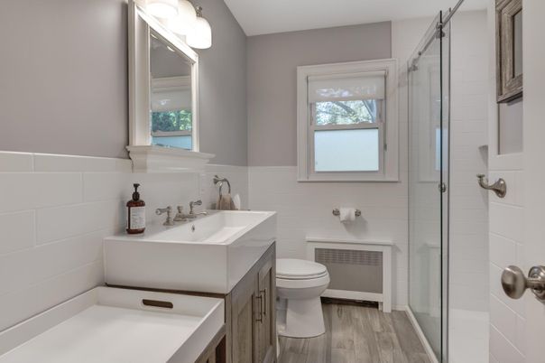 Bathroom, Glass Shower, Interior, Wood Texture Flooring