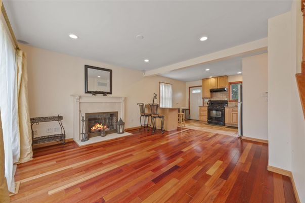 Fireplace, Interior, Kitchen, Recessed Lighting, Wood Texture Flooring