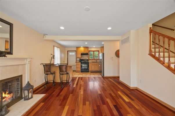Fireplace, Interior, Kitchen, Recessed Lighting, Wood Texture Flooring