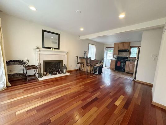 Fireplace, Interior, Kitchen, Recessed Lighting, Wood Texture Flooring