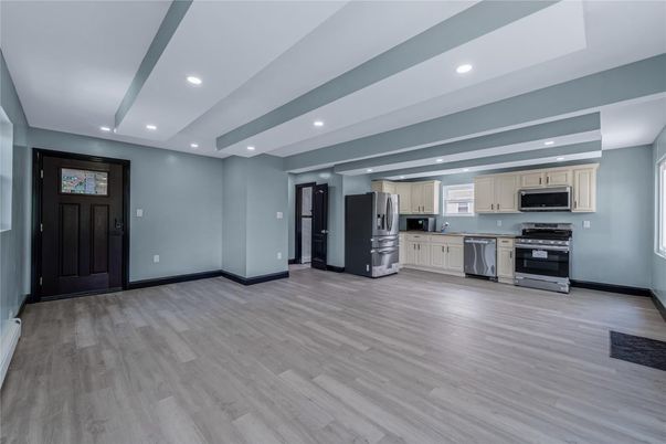 Interior, Kitchen, Recessed Lighting, Stainless Steel Appliances, Wood Texture Flooring