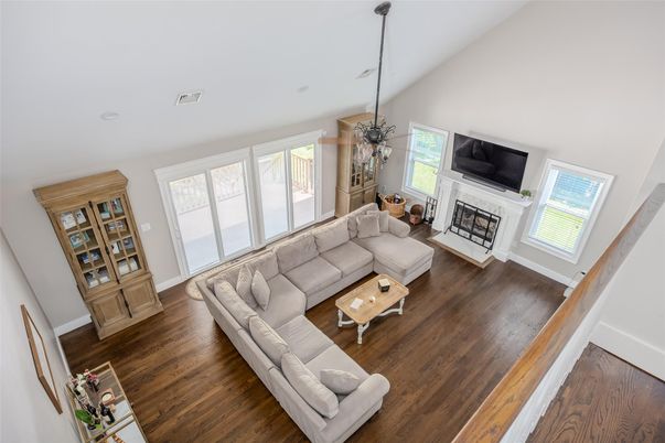 Fireplace, Interior, Living room, Pendant Lights, Wood Texture Flooring