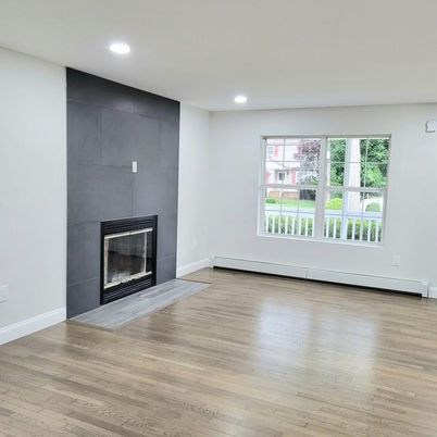 Empty room, Fireplace, Interior, Recessed Lighting, Wood Texture Flooring