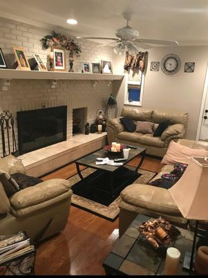 Fireplace, Interior, Living room, Recessed Lighting, Stone Walls, Wood Texture Flooring