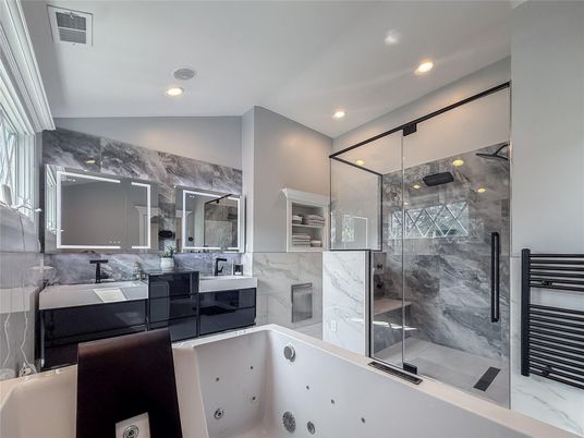 Bathroom, Dual Sink Vanities, Glass Shower, Interior, Marble Walls, Recessed Lighting