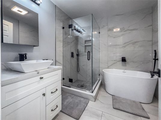 Bathroom, Free Standing Baths, Glass Shower, Interior, Marble, Marble Walls