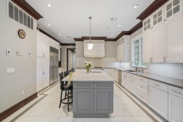 Interior, Kitchen, Marble, Pendant Lights, Recessed Lighting, Stainless Steel Appliances