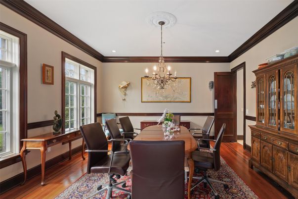 Chandelier, Dining room, Interior, Recessed Lighting, Wood Texture Flooring