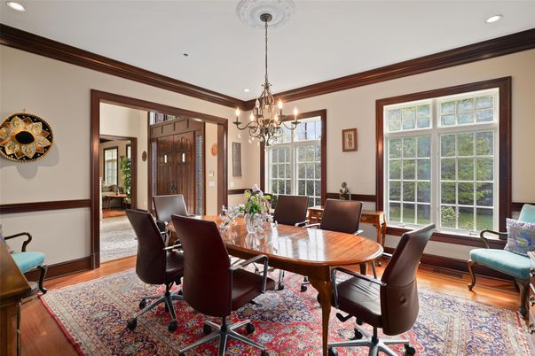 Chandelier, Dining room, Interior, Recessed Lighting, Wood Texture Flooring