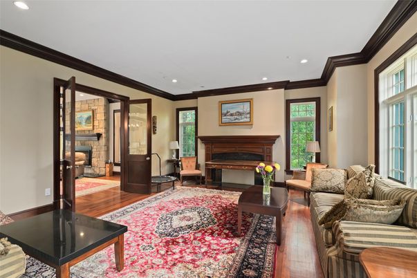 Fireplace, Interior, Living room, Piano, Recessed Lighting, Wood Texture Flooring