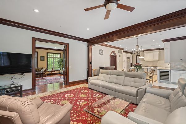 Chandelier, Interior, Kitchen, Living room, Recessed Lighting, Wood Texture Flooring