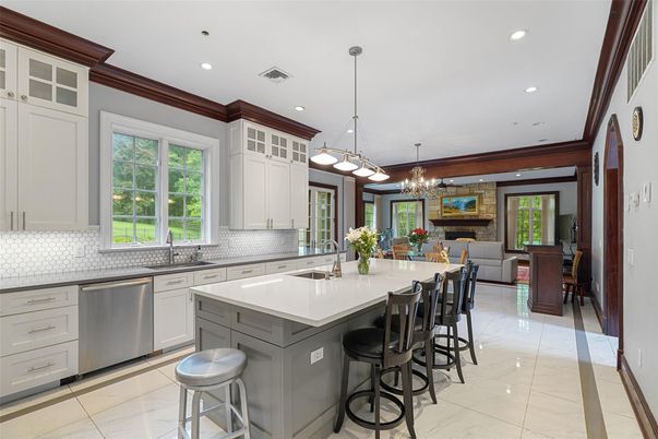 Dining room, Fireplace, Interior, Kitchen, Marble, Pendant Lights, Recessed Lighting, Stainless Steel Appliances