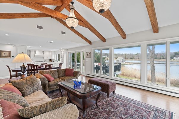 Chandelier, Dining room, Interior, Kitchen, Living room, Recessed Lighting, Water, Wooden Beams, Wood Texture Flooring