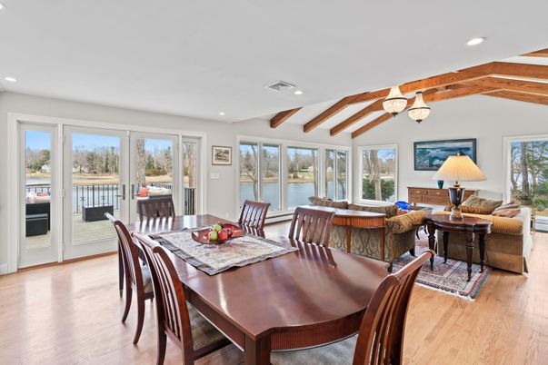 Chandelier, Dining room, Interior, Living room, Recessed Lighting, Water, Wooden Beams, Wood Texture Flooring