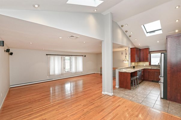 Empty room, Interior, Kitchen, Pendant Lights, Recessed Lighting, Wood Texture Flooring