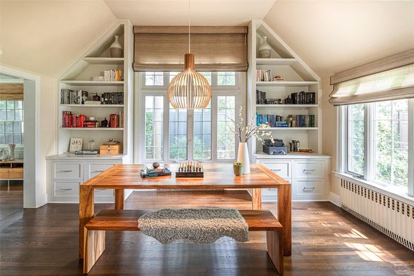 Home Office, Interior, Pendant Lights, Wood Texture Flooring