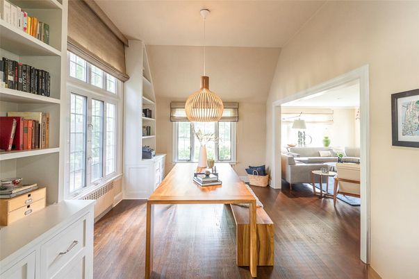 Home Office, Interior, Living room, Pendant Lights, Wood Texture Flooring