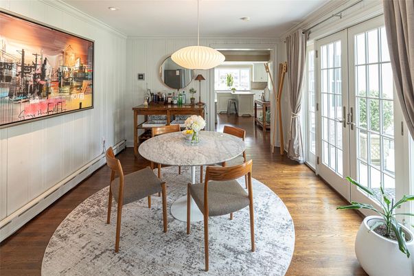 Dining room, Interior, Pendant Lights, Recessed Lighting, Wood Texture Flooring