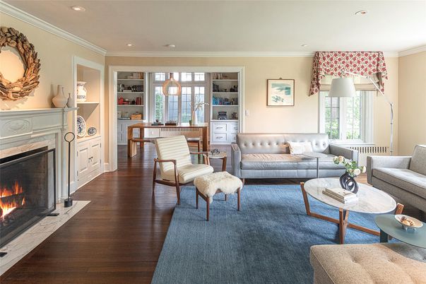 Fireplace, Interior, Living room, Recessed Lighting, Wood Texture Flooring