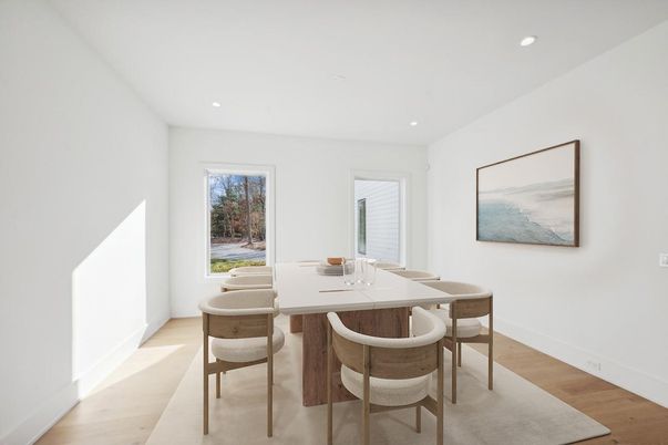 Dining room, Interior, Recessed Lighting, Wood Texture Flooring