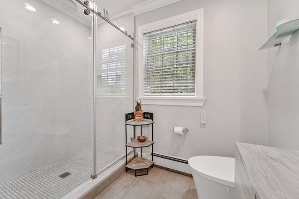 Bathroom, Glass Shower, Interior, Marble Walls, Recessed Lighting