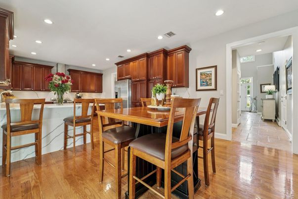 Dining room, Interior, Kitchen, Recessed Lighting, Wood Texture Flooring
