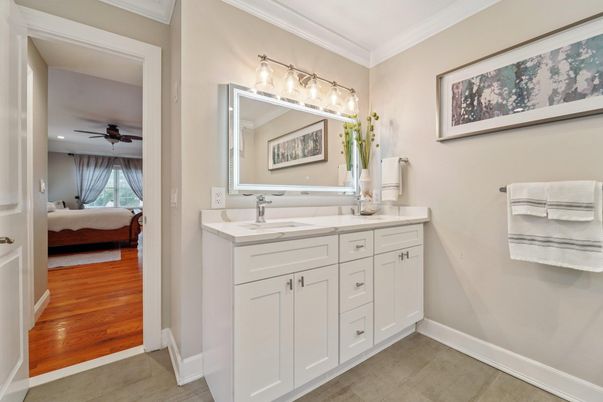 Bathroom, Bedroom, Dual Sink Vanities, Interior, Recessed Lighting, Wood Texture Flooring