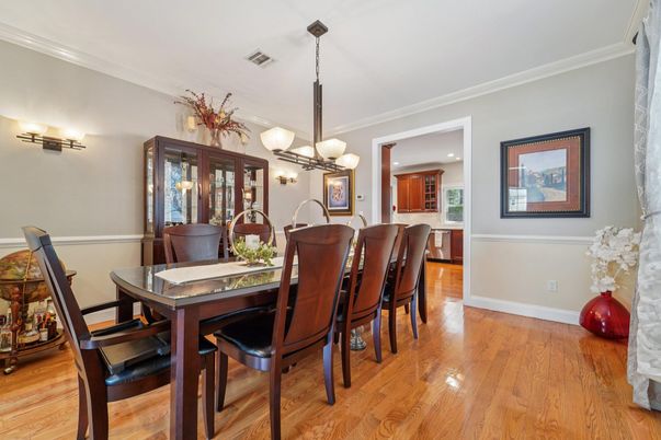 Dining room, Interior, Pendant Lights, Recessed Lighting, Wood Texture Flooring