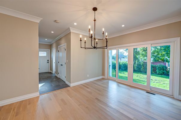 Chandelier, Empty room, Interior, Pendant Lights, Recessed Lighting, Wood Texture Flooring