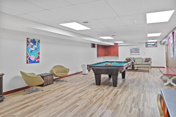 Billiard Table, Game Room, Interior, Recessed Lighting, Wood Texture Flooring