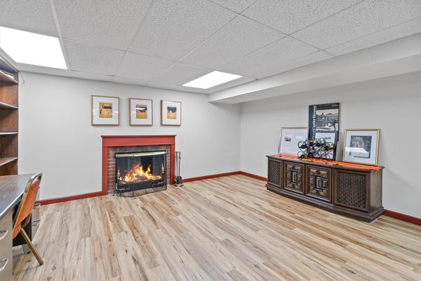 Fireplace, Interior, Recessed Lighting, Wood Texture Flooring