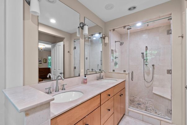 Bathroom, Dual Sink Vanities, Glass Shower, Interior, Recessed Lighting