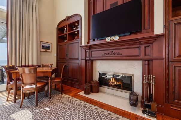 Dining room, Fireplace, Interior, Wood Texture Flooring