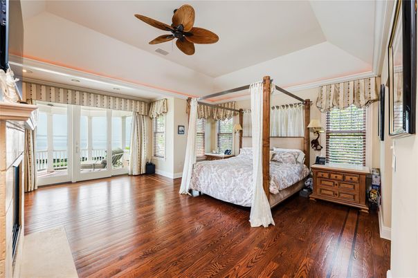 Bedroom, Fireplace, Interior, Recessed Lighting, Wood Texture Flooring