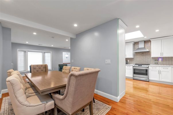 Dining room, Interior, Kitchen, Recessed Lighting, Stainless Steel Appliances, Wood Texture Flooring