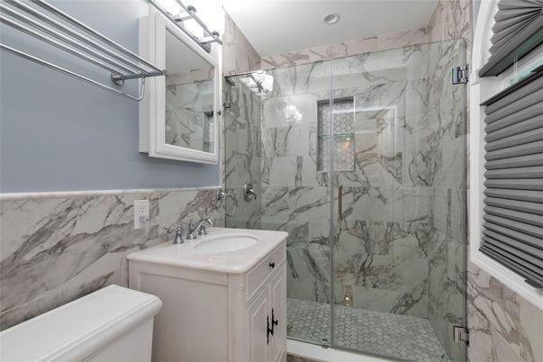 Bathroom, Glass Shower, Interior, Marble Walls, Recessed Lighting