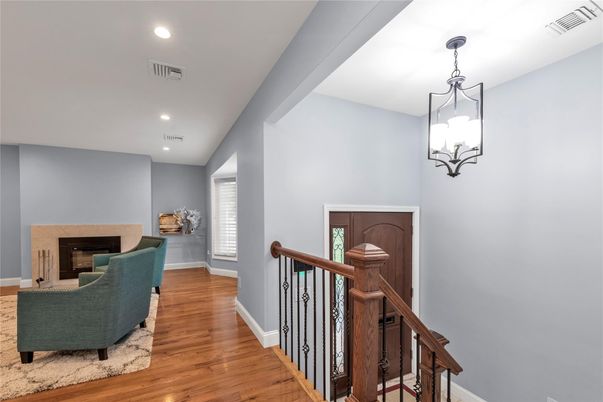 Fireplace, Interior, Pendant Lights, Recessed Lighting, Wood Texture Flooring