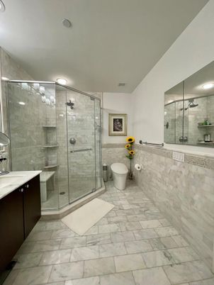 Bathroom, Glass Shower, Interior, Marble, Recessed Lighting