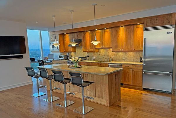 Interior, Kitchen, Pendant Lights, Stainless Steel Appliances, Wood Texture Flooring